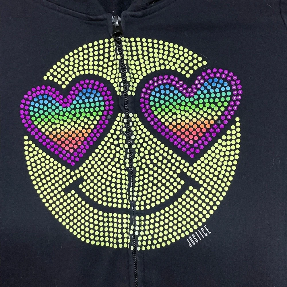Justice size 10 Black Zip-Up Lightweight Hoodie with Colorful Smiley Face